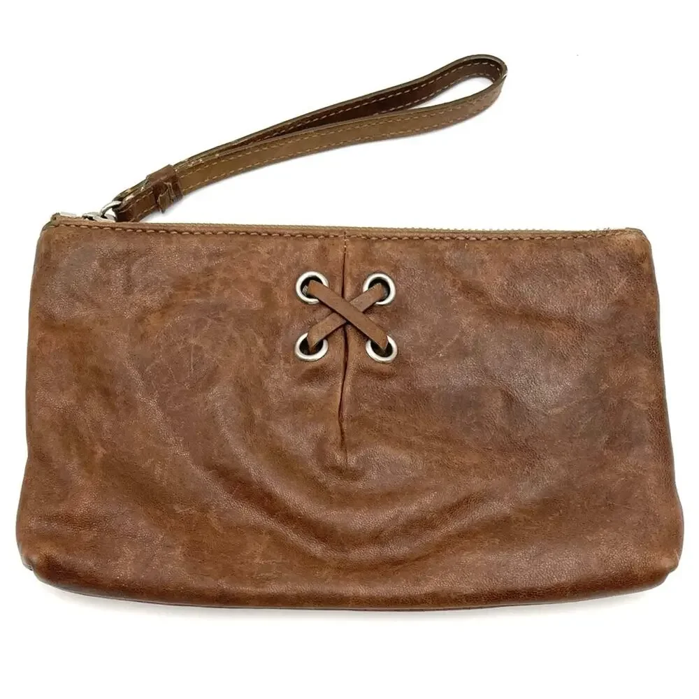 Cole Haan wristlet mini pouch clutch full zipper closure brown leather